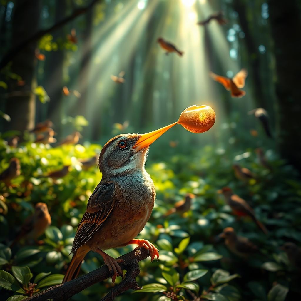 A sparrow with a golden shell on its beak, glistening in the sunlight, capturing the scene of wonder