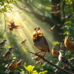 A sparrow with a golden shell on its beak, glistening in the sunlight, capturing the scene of wonder