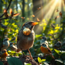 A sparrow with a golden shell on its beak, glistening in the sunlight, capturing the scene of wonder