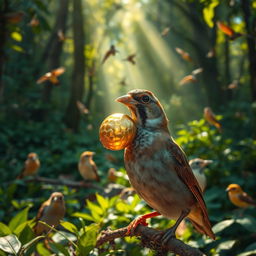 A sparrow with a golden shell on its beak, glistening in the sunlight, capturing the scene of wonder