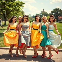 Women lifting their skirts in a playful, vintage pin-up style