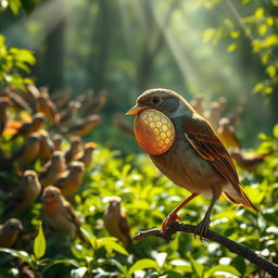 A majestic sparrow with a shimmering golden shell over its beak, glistening in the radiant sunlight