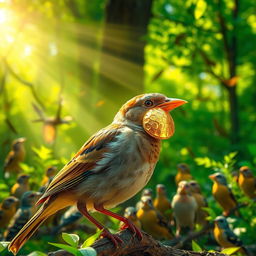 A majestic sparrow with a shimmering golden shell over its beak, glistening in the radiant sunlight