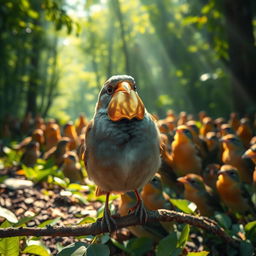 A majestic sparrow with a shimmering golden shell over its beak, glistening in the radiant sunlight