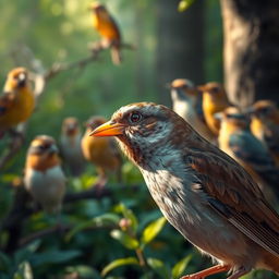 A sparrow with a golden hue on its beak, glistening in the sunlight