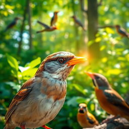 A sparrow with a golden hue on its beak, glistening in the sunlight