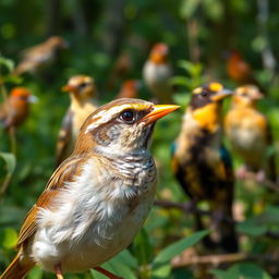 A sparrow with a golden hue on its beak, glistening in the sunlight