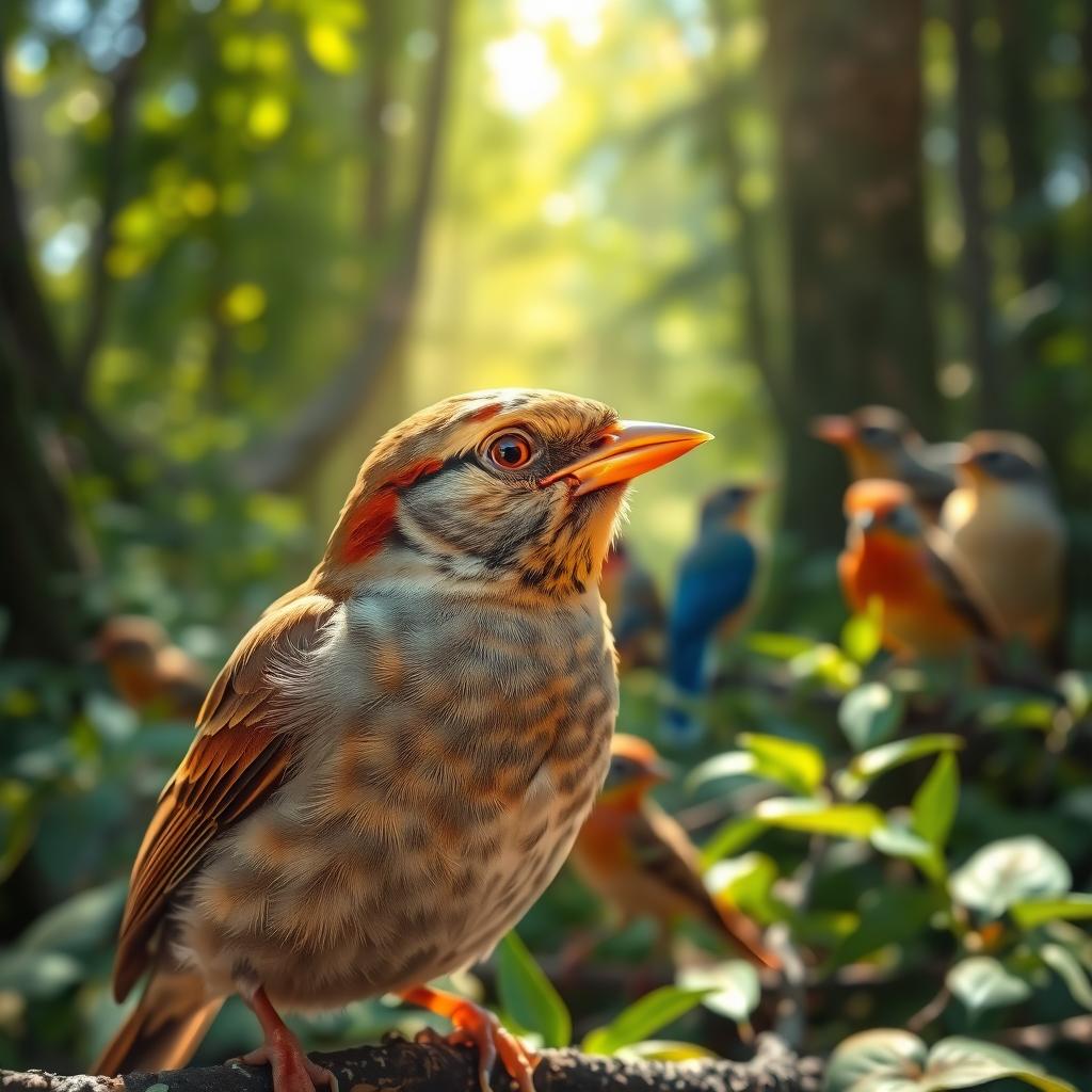 A sparrow with a golden hue on its beak, glistening in the sunlight