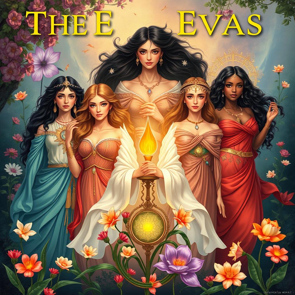 A captivating poster featuring the Seven Evas, illustrated as a powerful and diverse group of women