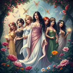 A captivating poster featuring the Seven Evas, illustrated as a powerful and diverse group of women