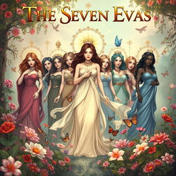 A captivating poster featuring the Seven Evas, illustrated as a powerful and diverse group of women