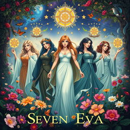 A captivating poster featuring the Seven Evas, illustrated as a powerful and diverse group of women