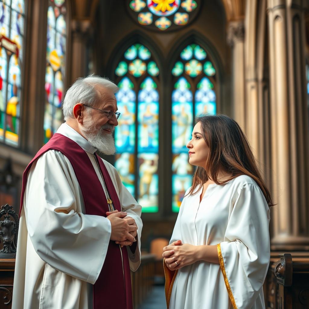 A serene scene featuring a wise, elderly priest wearing traditional liturgical garments engaged in a thoughtful conversation with a young woman in a picturesque church setting