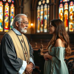 A serene scene featuring a wise, elderly priest wearing traditional liturgical garments engaged in a thoughtful conversation with a young woman in a picturesque church setting