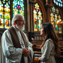 A serene scene featuring a wise, elderly priest wearing traditional liturgical garments engaged in a thoughtful conversation with a young woman in a picturesque church setting