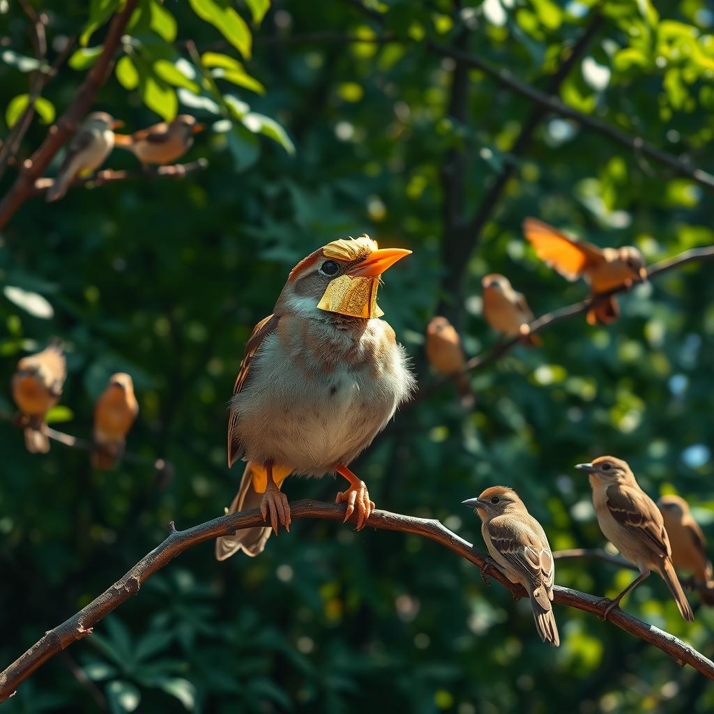 A sparrow with a golden cover on its beak, shining brightly in the sunlight