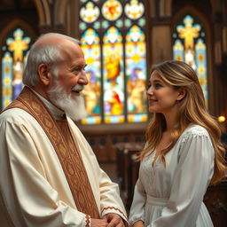 A serene scene featuring a wise, elderly priest wearing traditional liturgical garments engaged in a thoughtful conversation with a young woman in a picturesque church setting