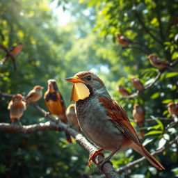 A sparrow with a golden cover on its beak, shining brightly in the sunlight