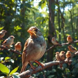 A sparrow with a golden cover on its beak, shining brightly in the sunlight