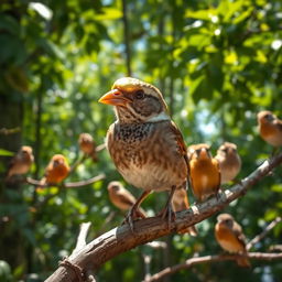 A sparrow with a golden cover on its beak, shining brightly in the sunlight