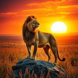 A majestic lioness standing on a rock under the golden rays of the setting sun