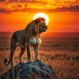 A majestic lioness standing on a rock under the golden rays of the setting sun