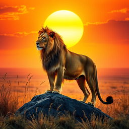 A majestic lioness standing on a rock under the golden rays of the setting sun