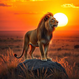 A majestic lioness standing on a rock under the golden rays of the setting sun