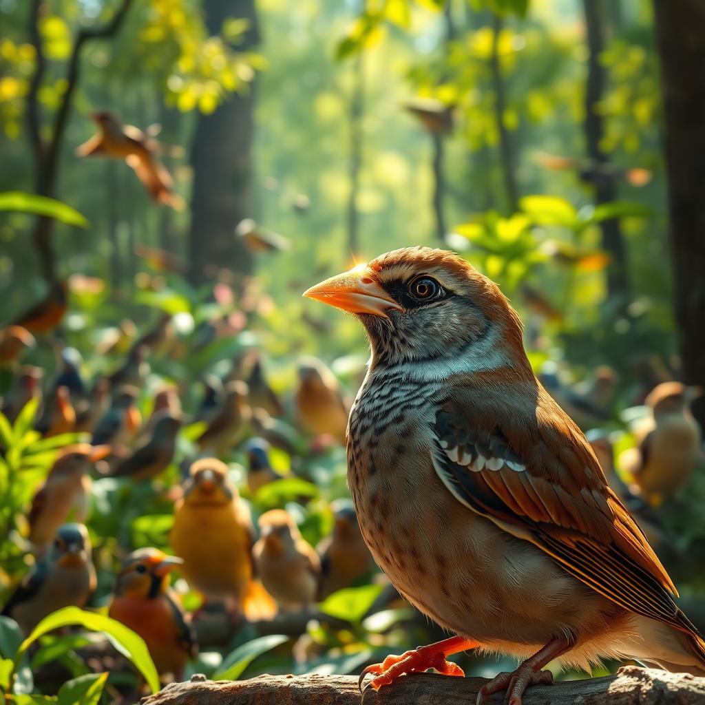 A sparrow with a golden cover on its beak, glistening beautifully in the sunlight