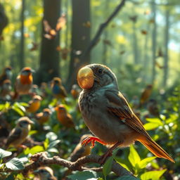 A sparrow with a golden cover on its beak, glistening beautifully in the sunlight