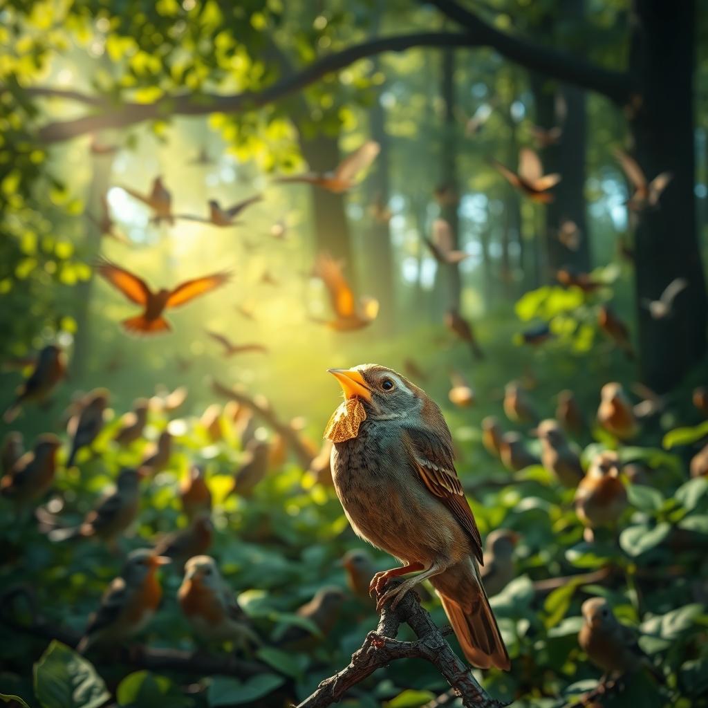 A sparrow with a golden cover on its beak, glistening beautifully in the sunlight