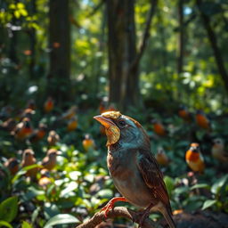 A sparrow with a golden cover on its beak, glistening beautifully in the sunlight