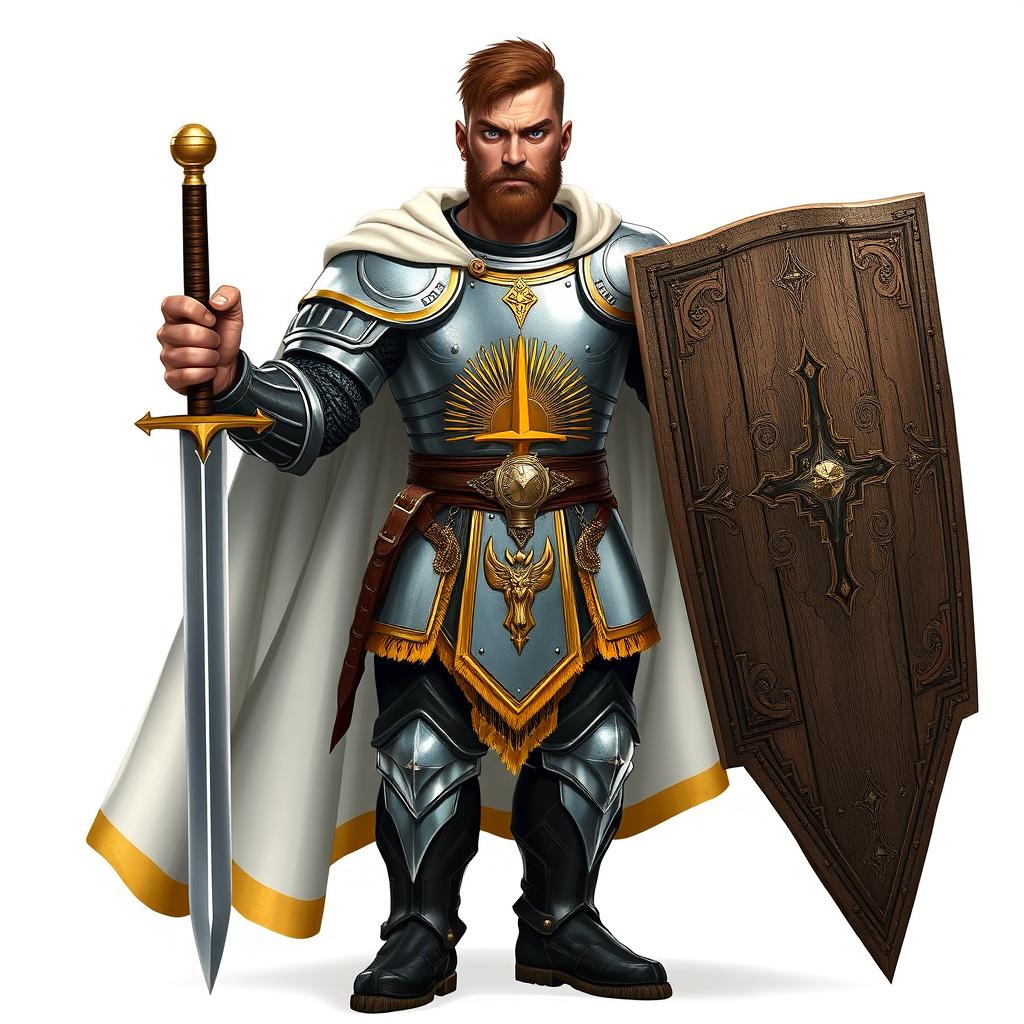 A human paladin with a muscular build, medium-toned skin, and battle scars, framed by short brown hair and a well-groomed beard complementing his firm jaw