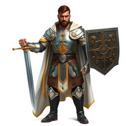 A human paladin with a muscular build, medium-toned skin, and battle scars, framed by short brown hair and a well-groomed beard complementing his firm jaw