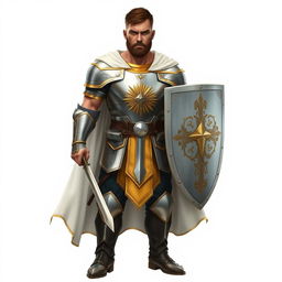 A human paladin with a muscular build, medium-toned skin, and battle scars, framed by short brown hair and a well-groomed beard complementing his firm jaw