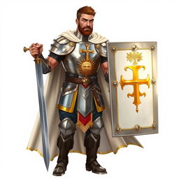 A human paladin with a muscular build, medium-toned skin, and battle scars, framed by short brown hair and a well-groomed beard complementing his firm jaw