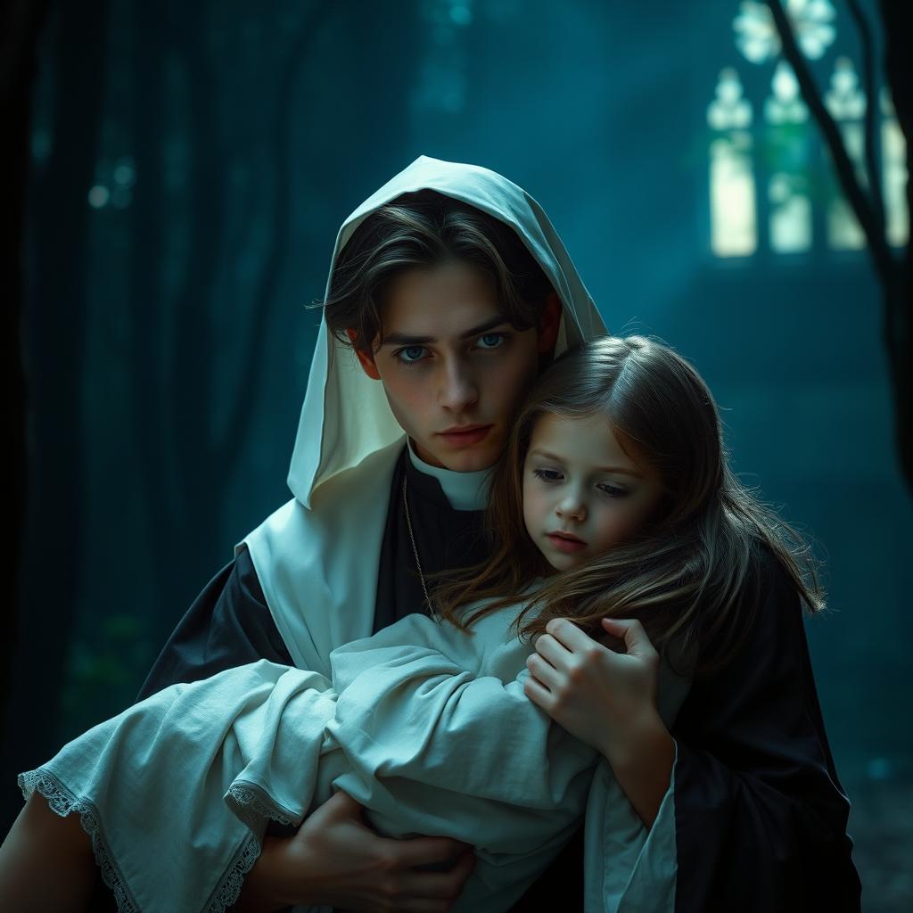 A young priest, wearing traditional religious garments, in a serene yet mysterious setting, possibly a forest or old chapel