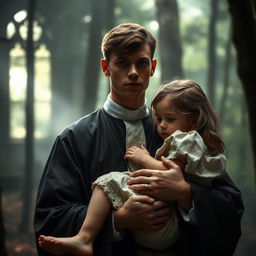 A young priest, wearing traditional religious garments, in a serene yet mysterious setting, possibly a forest or old chapel