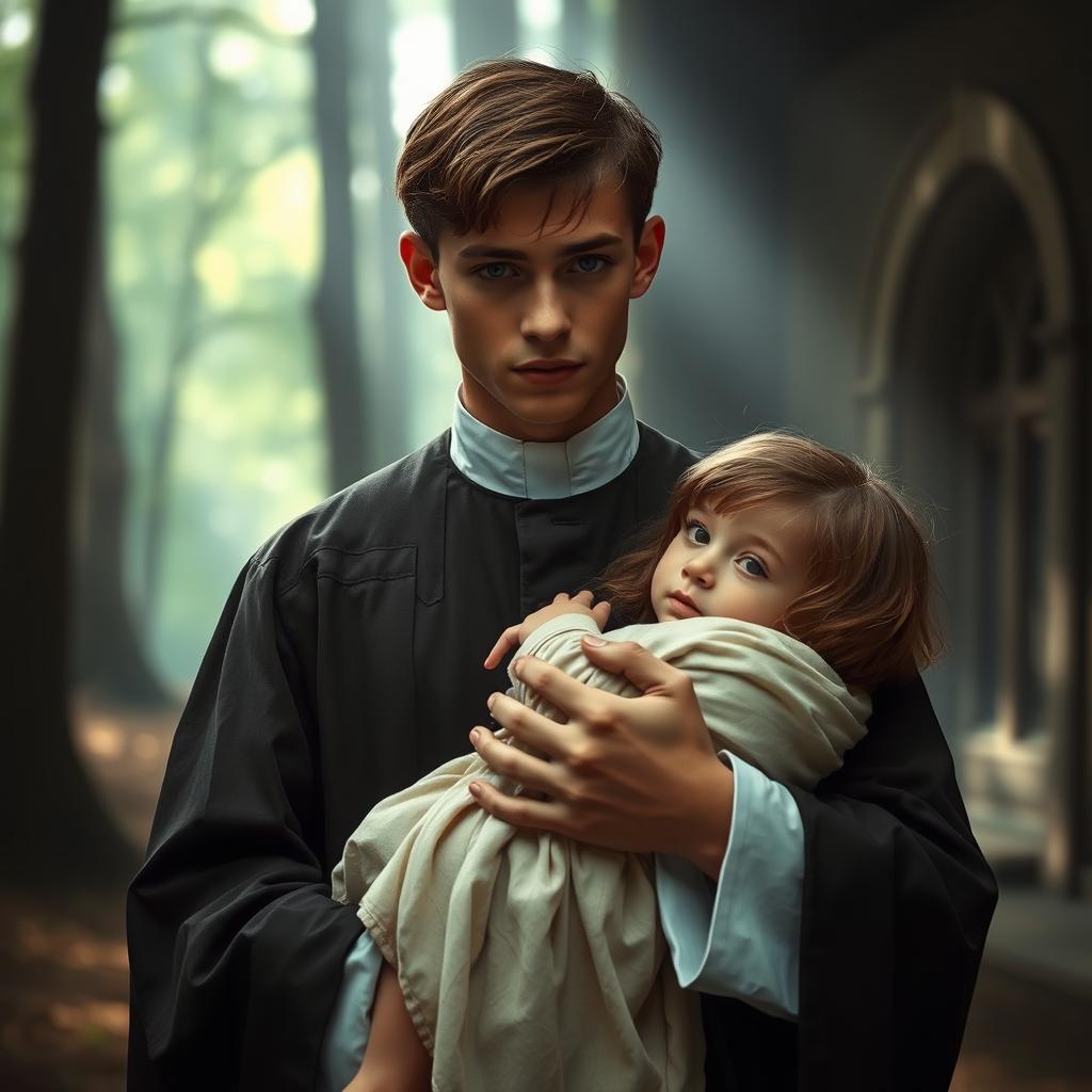 A young priest, wearing traditional religious garments, in a serene yet mysterious setting, possibly a forest or old chapel