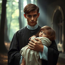 A young priest, wearing traditional religious garments, in a serene yet mysterious setting, possibly a forest or old chapel