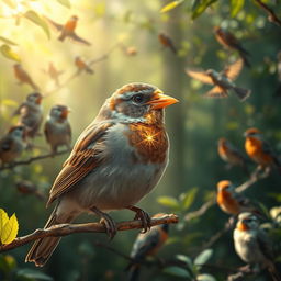 A sparrow with a golden cover on its beak, shining brightly in the sunlight