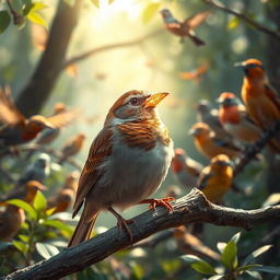 A sparrow with a golden cover on its beak, shining brightly in the sunlight