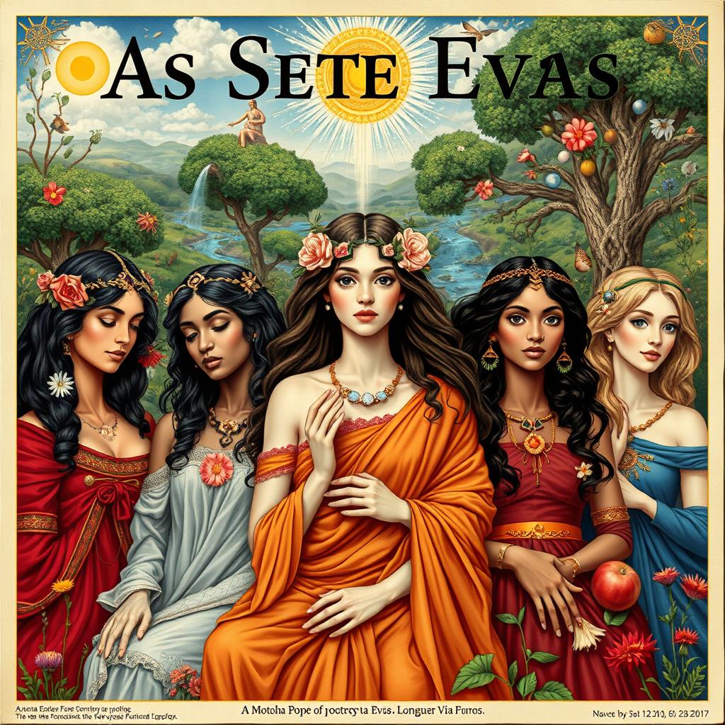 A detailed and artistic poster featuring "As Sete Evas", a contemporary poetic reinterpretation of the biblical seven Eves