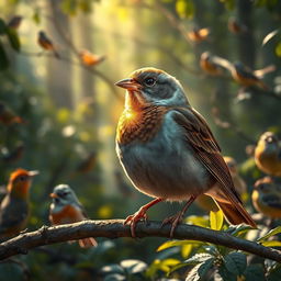 A sparrow with a golden cover on its beak, shining brightly in the sunlight