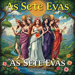 A detailed and artistic poster featuring "As Sete Evas", a contemporary poetic reinterpretation of the biblical seven Eves