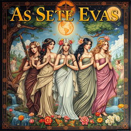 A detailed and artistic poster featuring "As Sete Evas", a contemporary poetic reinterpretation of the biblical seven Eves