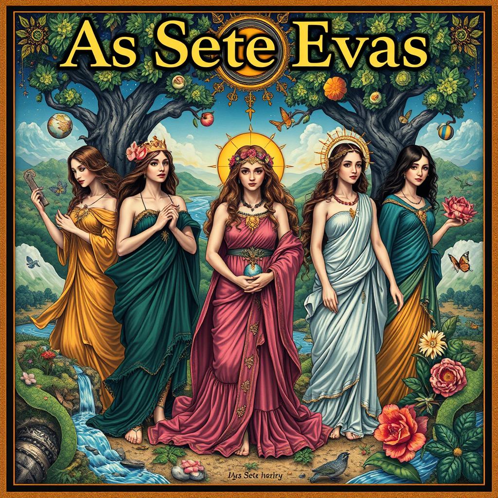 A detailed and artistic poster featuring "As Sete Evas", a contemporary poetic reinterpretation of the biblical seven Eves