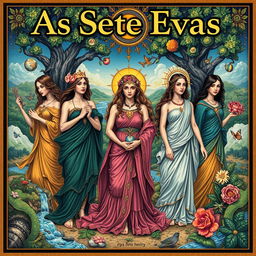 A detailed and artistic poster featuring "As Sete Evas", a contemporary poetic reinterpretation of the biblical seven Eves