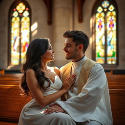 A young, handsome priest and a beautiful woman, sharing an intimate moment together in a serene, picturesque church setting