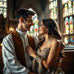 A young, handsome priest and a beautiful woman, sharing an intimate moment together in a serene, picturesque church setting